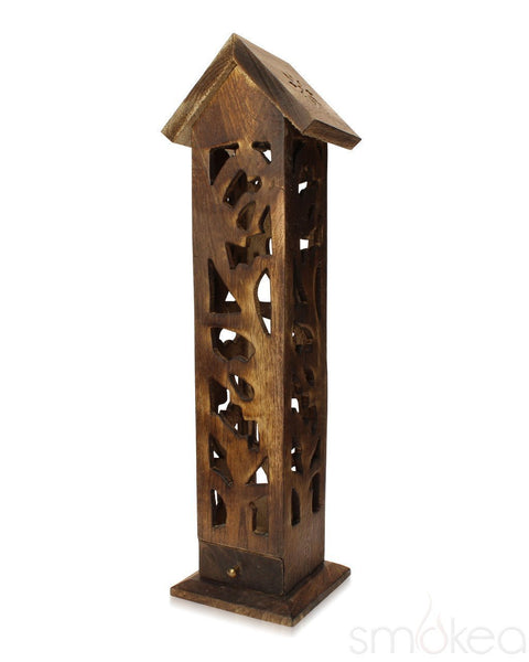 SMOKEA 12" Carved Wood Incense Burner Tower w/ Roof Top