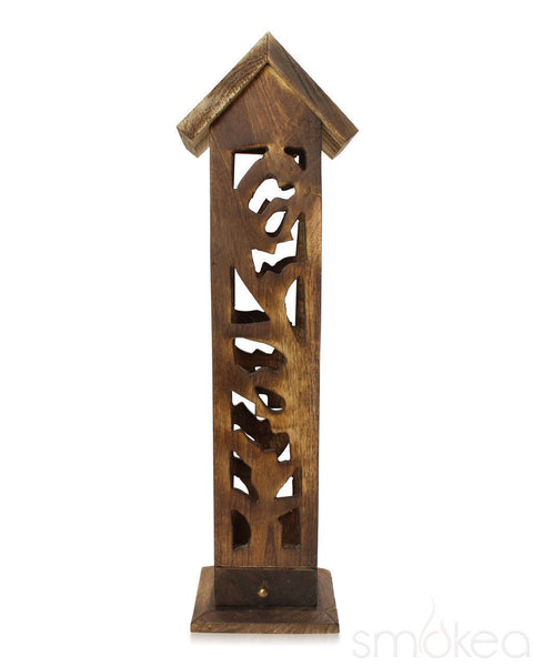 SMOKEA 12" Carved Wood Incense Burner Tower w/ Roof Top